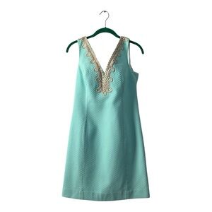 Lilly Pulitzer Turquoise Mini Dress with Gold Embroidery, Size 6